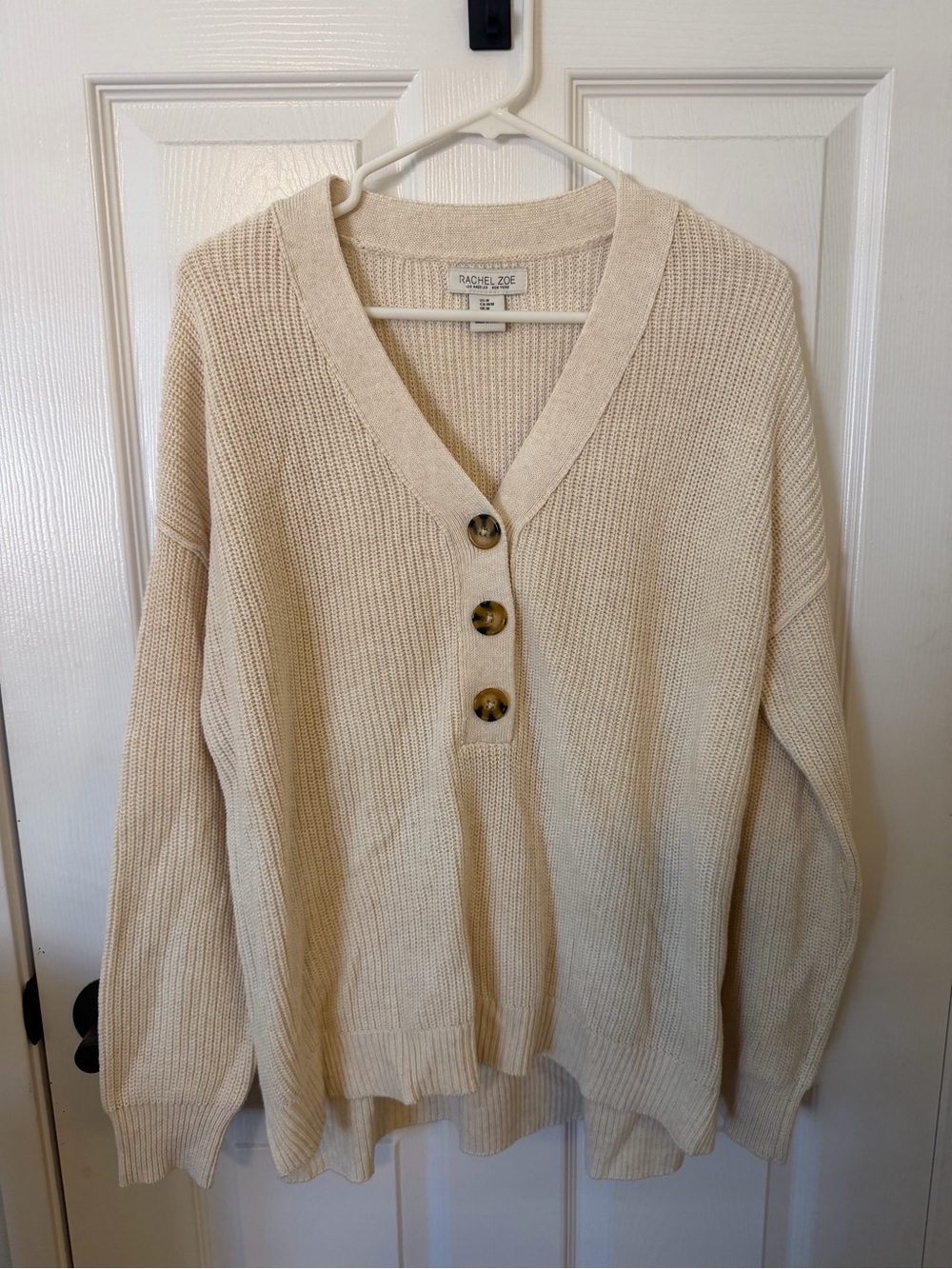 Rachel Zoe Cream V-Neck Button Front Knit Sweater